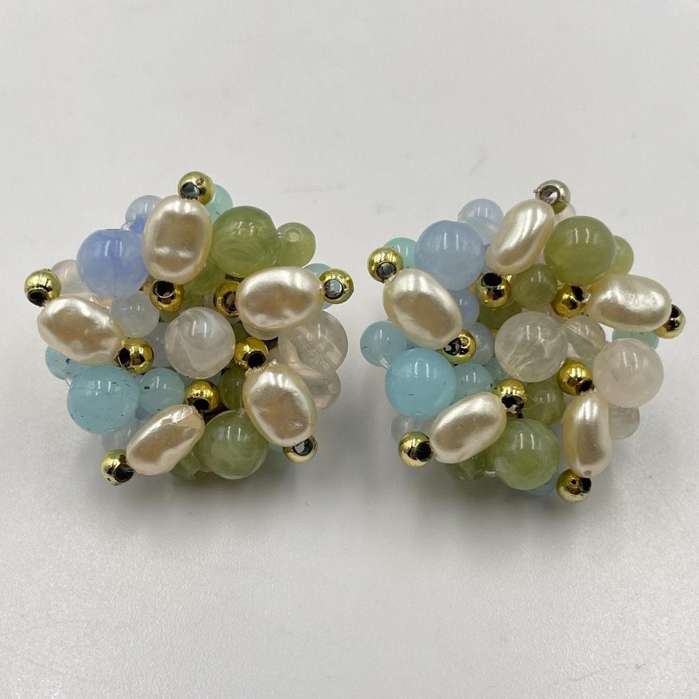 Vintage 1960s Pastel Lucite Bead Faux Pearl Cluster Gold Tone Clip-On Earrings
